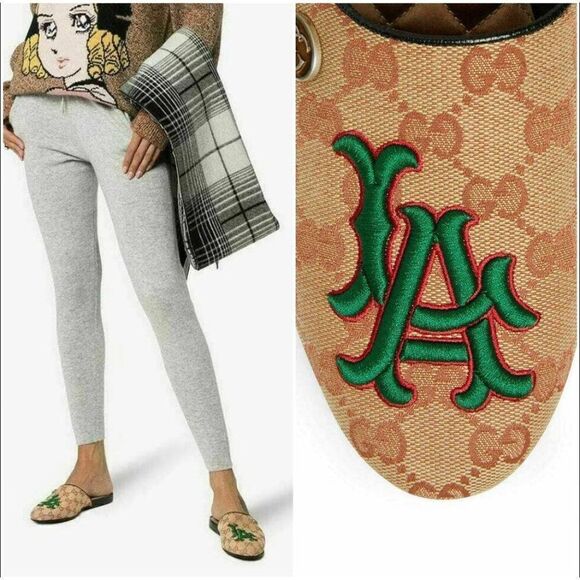 Authentic GUCCI Beige GG Logo Canvas Embroidered LA Angel Mule Loafers S… - Picture 1 of 13